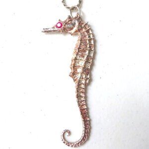 Cool Vintage Sterling Silver Large Jeweled Seahorse Pendant Necklace with Ruby